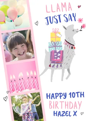 Boogaloo Llama Just Say 10th Birthday Illustrated Photo Upload Birthday Card