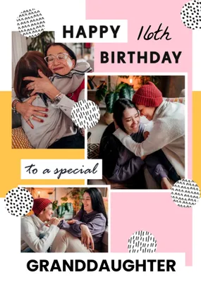 Three Photo Frames Surrounded By Geometric Shapes Photo Upload Birthday Card