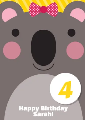 Cartoon Koala Happy 4th Birthday Card