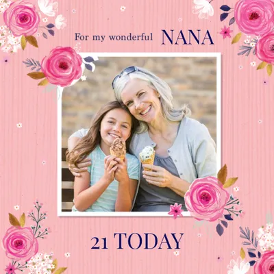 Colette Barker Pink Floral Illustrated Photo Upload Birthday Card