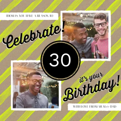 Neon Striped Happy 30Th Birthday Multi-Photo Square Card