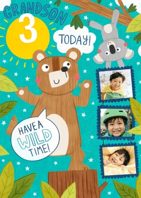 Fun Illustration Of A Bear And A Koala With Three Photo Upload's Grandson's Birthday Card