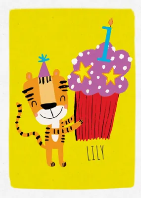 Illustrated Tiger And Cupcake 3rd Birthday Card