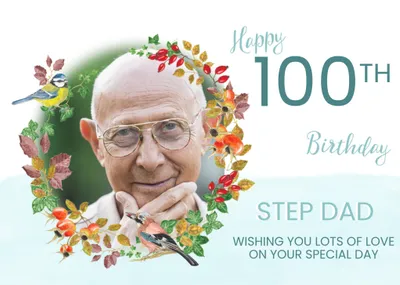 Beautiful illustration of a wreath made of flowers with birds sat upon it. Photo Upload 100th Happy 