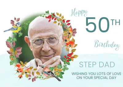 Beautiful illustration of a wreath made of flowers with birds sat upon it. Photo Upload 100th Happy 