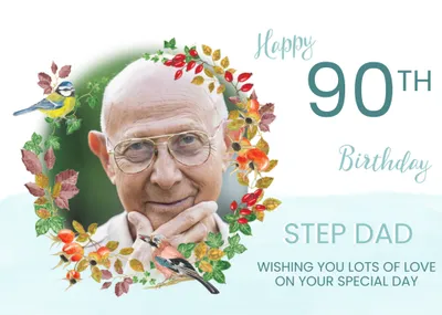 Beautiful illustration of a wreath made of flowers with birds sat upon it. Photo Upload 100th Happy