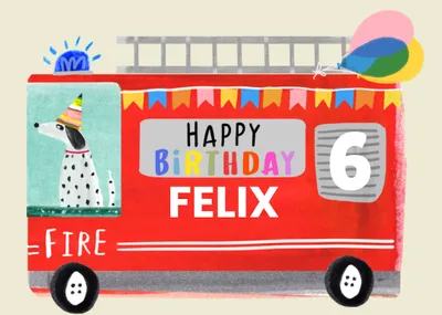 Fun Katt Jones Illustrated Doggy In Fire Engine With Party Hat And Balloons Birthday Card