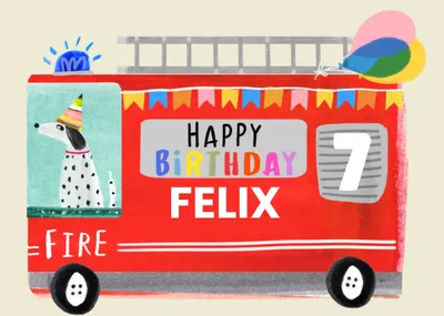 Fun Katt Jones Illustrated Doggy In Fire Engine With Party Hat And Balloons Birthday Card