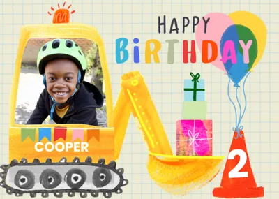 Fun Katt Jones Illustrated Digger Carrying Presents Photo Upload Birthday Card