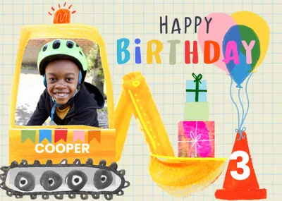 Fun Katt Jones Illustrated Digger Carrying Presents Photo Upload Birthday Card