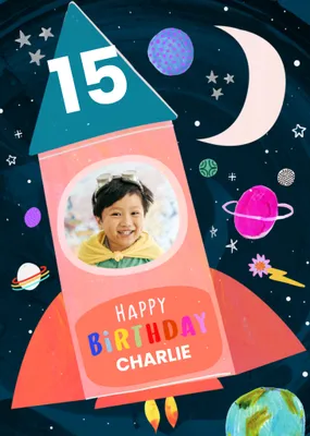 Fun Katt Jones Illustrated Rocket Space Scene With Planets And Stars Photo Upload Birthday Card