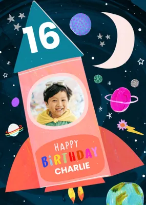 Fun Katt Jones Illustrated Rocket Space Scene With Planets And Stars Photo Upload Birthday Card