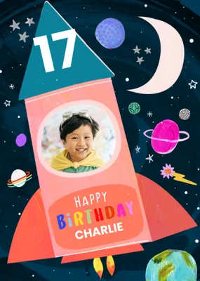 Fun Katt Jones Illustrated Rocket Space Scene With Planets And Stars Photo Upload Birthday Card