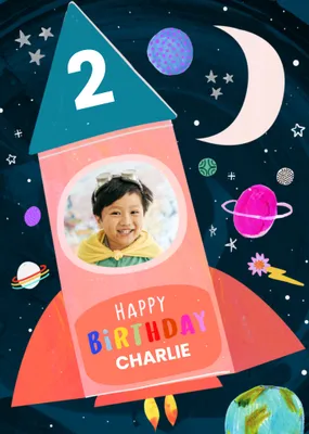 Fun Katt Jones Illustrated Rocket Space Scene With Planets And Stars Photo Upload Birthday Card