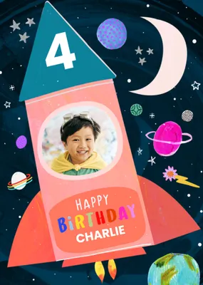 Fun Katt Jones Illustrated Rocket Space Scene With Planets And Stars Photo Upload Birthday Card
