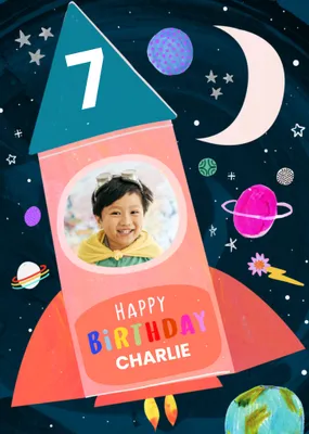 Fun Katt Jones Illustrated Rocket Space Scene With Planets And Stars Photo Upload Birthday Card
