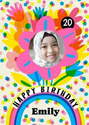 Katt Jones Super Colourful Transparent Overlapping Flowers And Dots Photo Upload Birthday Card