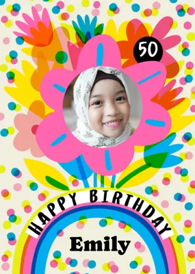 Katt Jones Super Colourful Transparent Overlapping Flowers And Dots Photo Upload Birthday Card