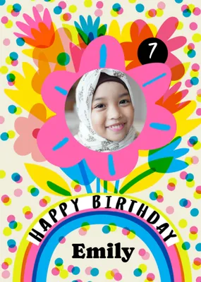 Katt Jones Super Colourful Transparent Overlapping Flowers And Dots Photo Upload Birthday Card