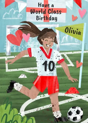 Girl Playing Football England Supporter Illustrated Birthday Card