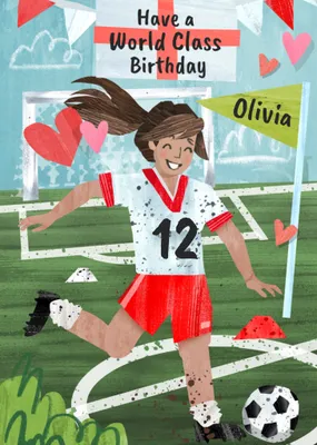 Girl Playing Football England Supporter Illustrated Birthday Card