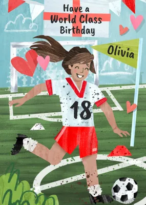 Girl Playing Football England Supporter Illustrated Birthday Card