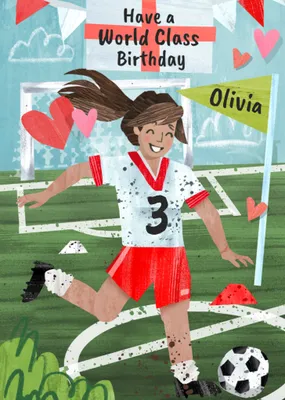Girl Playing Football England Supporter Illustrated Birthday Card