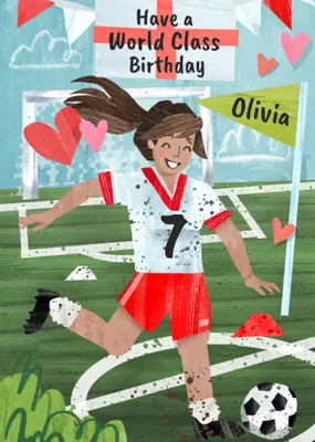 Girl Playing Football England Supporter Illustrated Birthday Card