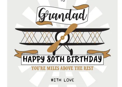Contemporary Typographic Plane Illustration Happy 80th Birthday Grandad Card
