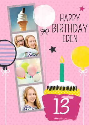Bright Pink Balloons And Cupcake Happy Birthday Photo Card