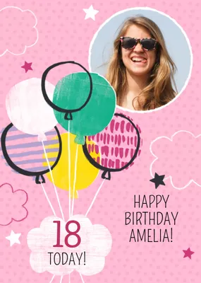 Pink Balloons Personalised Photo Upload Happy 18th Birthday Card