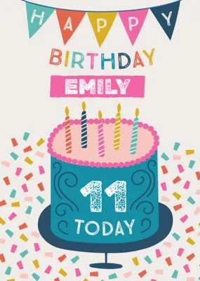Fun Illustration With Cake And Confetti Personalised Name Teen Birthday Card