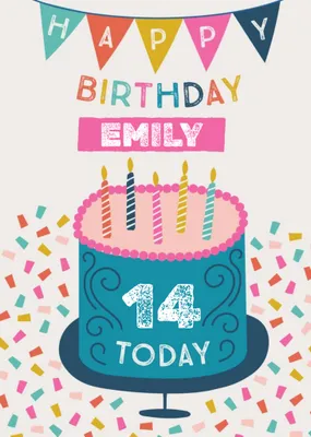Fun Illustration With Cake And Confetti Personalised Name Teen Birthday Card