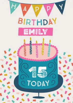 Fun Illustration With Cake And Confetti Personalised Name Teen Birthday Card