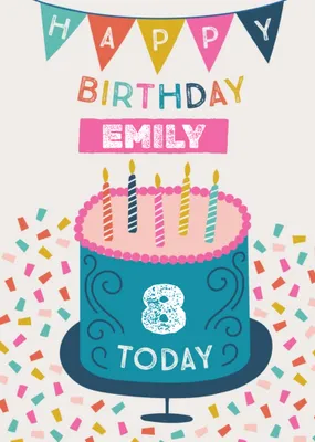 Fun Illustration With Cake And Confetti Personalised Name Teen Birthday Card