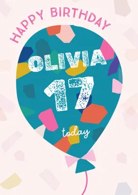 Fun Illustration With Giant Balloon And Confetti Personalised Name Teen Birthday Card
