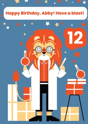 Kids Birthday Card - Scientist - Science - Animals - Lion