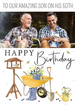 Amazing Son Illustrated Garden Themed 50th Photo Upload Birthday Card By Okey Dokey Design