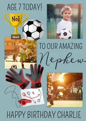 Okey Dokey Illustrated Sport Football Amazing Nephew 7th Birthday Photo Upload Card