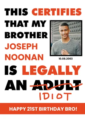 Black And Orange Bold Typography Brother's Eighteenth Photo Upload Birthday Card