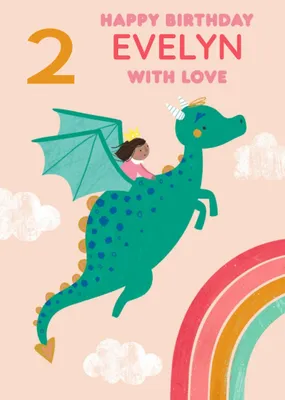 Cute illustrative Girl and Dragon Birthday Card