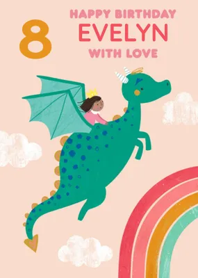 Cute illustrative Girl and Dragon Birthday Card
