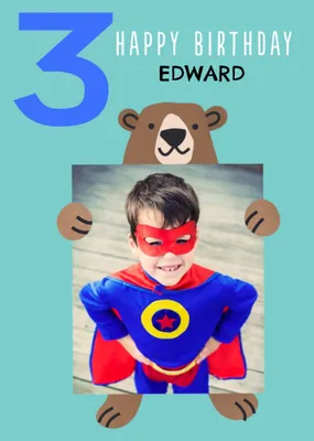 Cute Simple Illustration Of A Bear Happy 4th Birthday Photo Upload Card