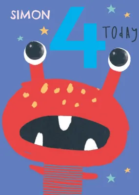 Cute Simple Illustration Of A Little Red Alien Happy 4th Birthday Card
