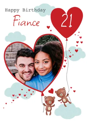 Two Bears Soaring Through The Clouds Illustration Personalise Photo Upload Fiancé Birthday Card
