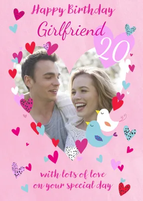 Decorative Hearts And Two Love Birds Illustration Personalise Photo Upload Girlfriend Birthday Card