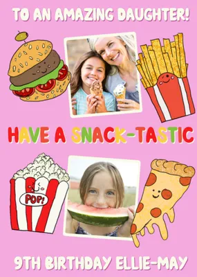 Cute Have A SnackTastic Illustrated Snack Food Characters Photo Upload Birthday Card
