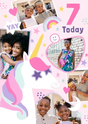 Cute Unicorn 5 Today Illustrated Photo Upload Birthday Card