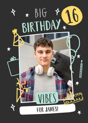 Big Birthday Vibes 16th Photo Upload Card