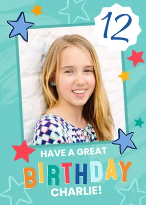 Studio Sundae Blue Paint and Stars Photo Upload Birthday Age Card